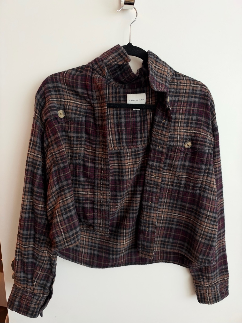American Eagle Women's Plaid Cropped Button-Front Jacket in Burgundy Multi
